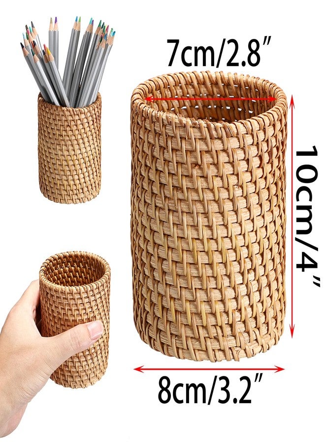 BTSKY 3 Pack Rattan Pen Cup, Handmade Desk Pencil Holders Makeup Brush Holder Multi-Functional Woven Basket Office&Home Desktop Organizer (Cylinder) - Image 3